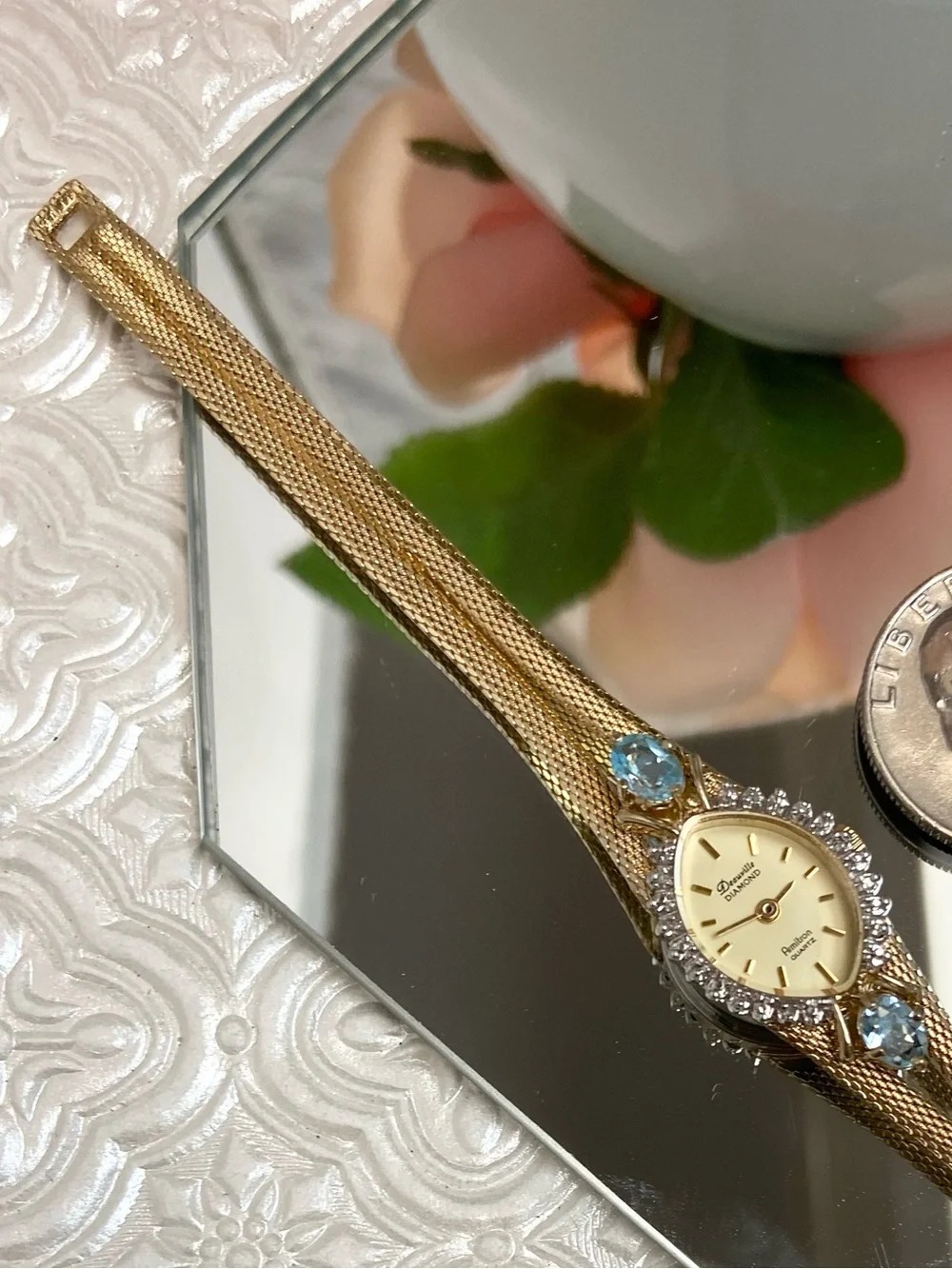 Vintage Deauville Diamond & Blue Topaz Accented Bezel Dainty Cocktail Watch